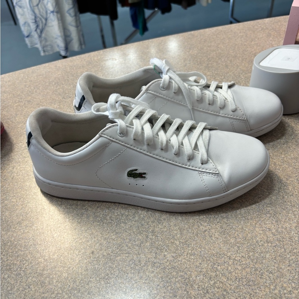Lacoste White Leather Low-Top Sneakers with Green Croc Accent